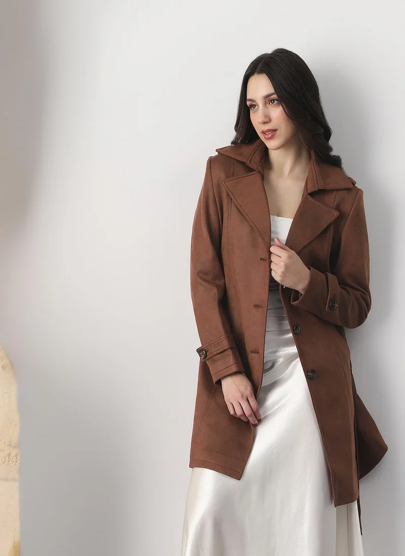 جلو باص Globus Women Camel Brown Notched Lapel Long Sleeves Self Design Winter Wear Belted Trench Coat